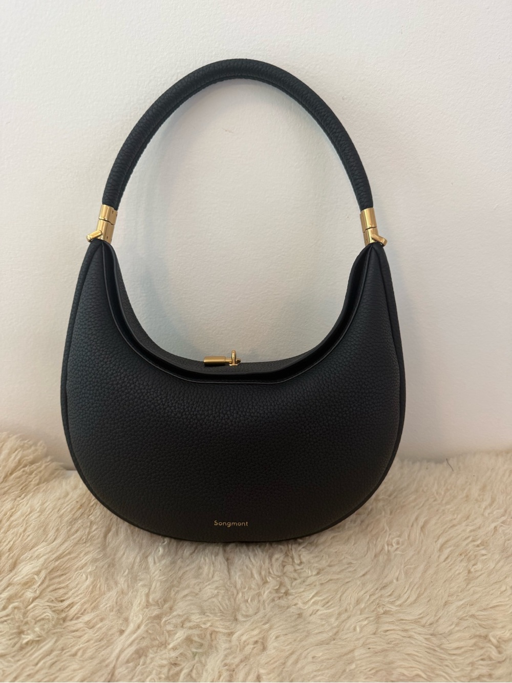 Songmont Luna Black Crescent Shoulder Bag with Gold Accents NWOT